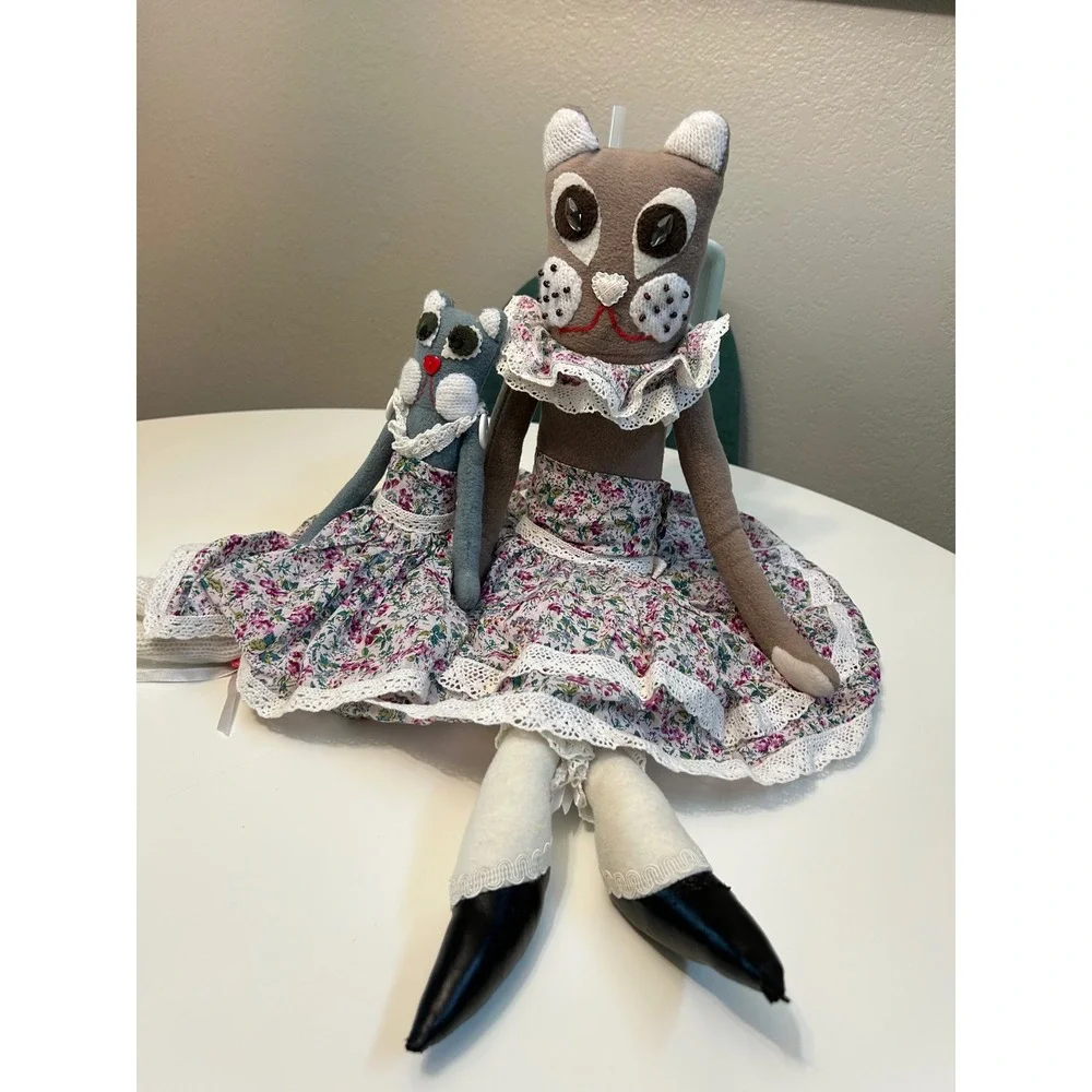 Handmade Folk Art Cat Doll Set Mother and Kitten Floral Lace Tiered Dress Felt